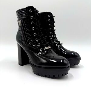 Guess Women’s Manners Shiny Black Lace-Up High Heel Platform Combat Boots 9.5M